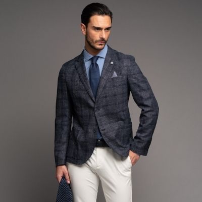 Giacca uomo destrutturata, realizzata in tessuto armaturato disegno madras sfumato